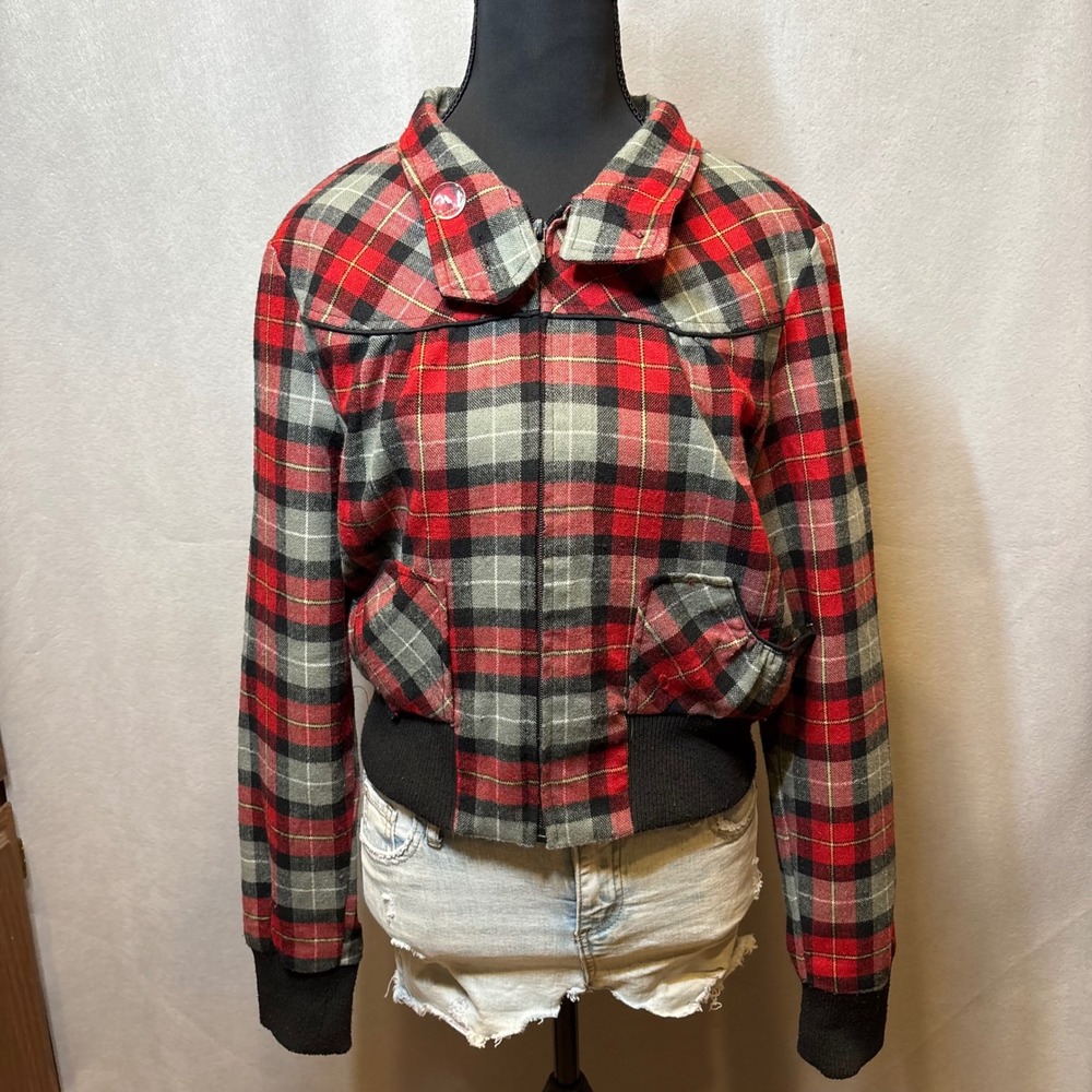 Paris Blues Plaid Bomber Jacket Red Grey Black Wool Blend Zip Up Women Large